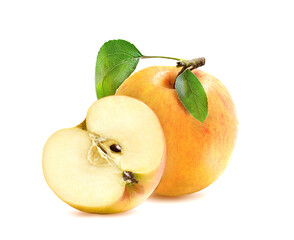 ripe apple with slice and green leaf on white background