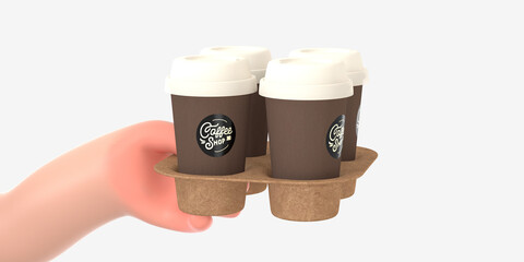 Coffee shop 3D render - barista -modern concept digital illustration of a hand holding paper coffee cups in the carton holder. Creative landing web page header