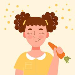 Cute smiling girl eating carrot. School snack, healthy food, vegetable diet, vitamins for children. Flat vector cartoon stock illustration