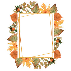 Naklejka na ściany i meble Watercolor Autumn Leaves Frame illustration.Golden frame. Wedding clipart. Foliage Frame, Botanical illustration.Maple leaf, Birch, Linden, Oak, Rosehip Floral arrangement.