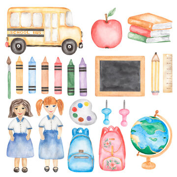 Back to School set Clipart, Watercolor School Bus, Teacher, girl, Books, School Supplies, Crayon illustration, Stationery, Education, Globe, Kids Art