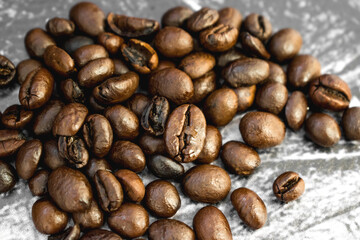 Roasted coffee beans macro. Coffee concept. Top view