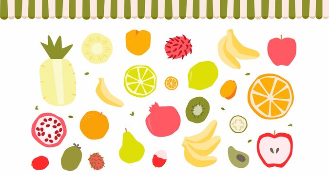 Fruit market vector clipart set with pineapple guava, orange, tangerine and lemon citrus, lichi, avocado, kumquat, banana, kiwifruit, rambutan, lychee peeled, green price tag with a twine and overhang