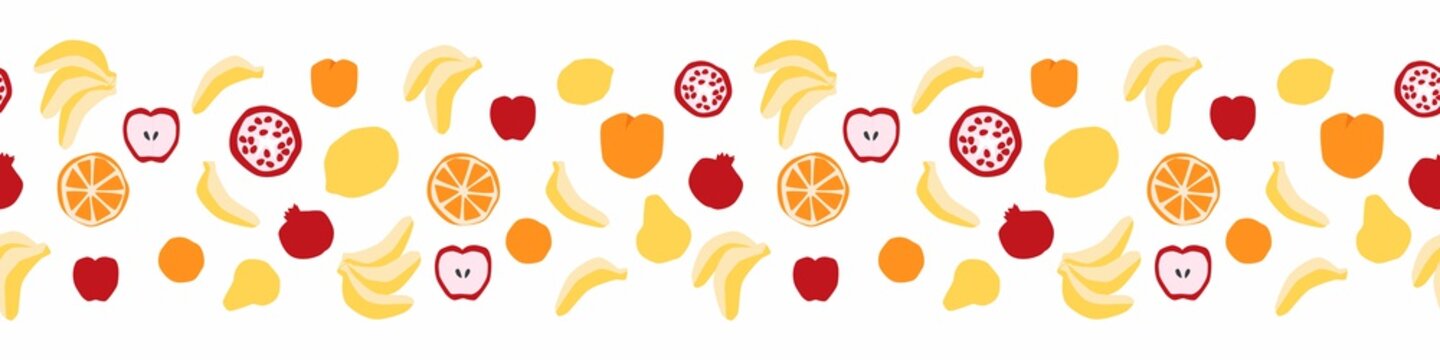 Orange and yellow fruit seamless border with pear, lemon, peach vector images. 