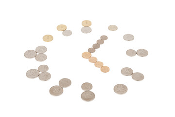 Coins laid out in the shape of a clock on a white background
