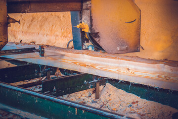 Fototapeta na wymiar Sawmill. Process of machining logs in sawmill machine saws the tree trunk