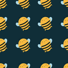 Vector kawaii bees seamless pattern. Cartoon bumblebees on dark green background. Summer illustration.