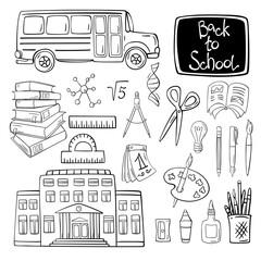 Hand-drawn set of school supplies. Back to school , doodle illustration. - 368437771
