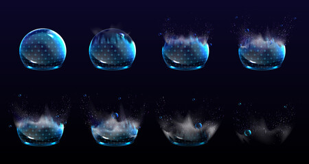 Broken bubble shields, explosion protection force fields. Vector realistic set of stages of safety energy barrier burst. Damaged shine spheres with blue geometric pattern © klyaksun