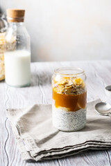 light breakfast with granola yogurt and apricot puree