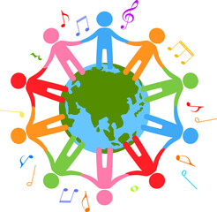 Singing people of different races surround the earth