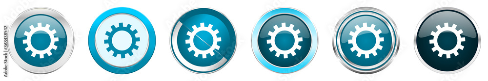 Aufkleber gear silver metallic chrome border icons in 6 options, set of web blue round buttons isolated on whi