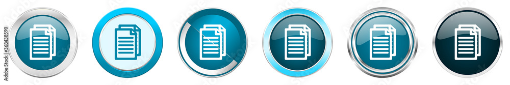 Poster Document silver metallic chrome border icons in 6 options, set of web blue round buttons isolated on white background