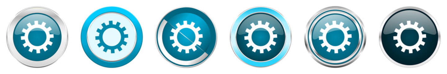 Gear silver metallic chrome border icons in 6 options, set of web blue round buttons isolated on white background