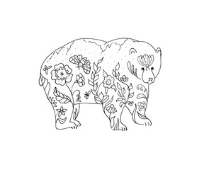 hand drawing - illustration of a bear in flowers