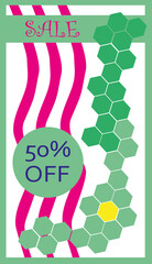 color bright card with a predominance of green and fuchsia with a discount offer in the store for sale