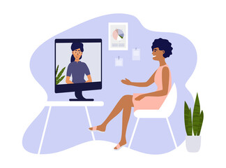 Video call, networking or conference with business partner. Online course, studying or education. Hiring, job interview, employment. Women talk by computer. Home office, work place vector illustration