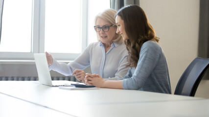 Mature businesswoman coach teaching female intern, pointing at laptop screen, helping with...