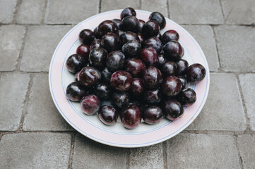 A lot of blue, purple cherry plums, plums are collected on a white plate on the tile. Large harvest of fruits from the tree, top view.