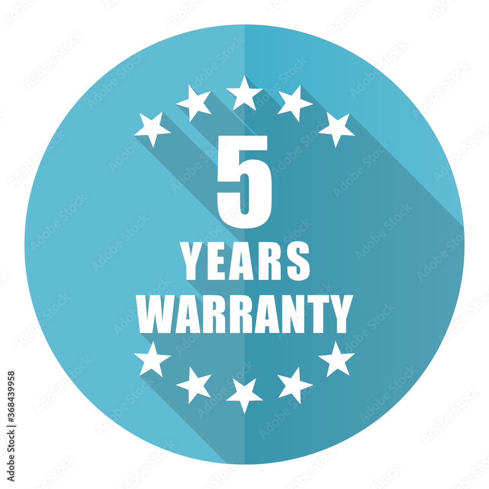 Aufkleber Warranty guarantee 5 year vector icon, flat design blue round web button isolated on white background