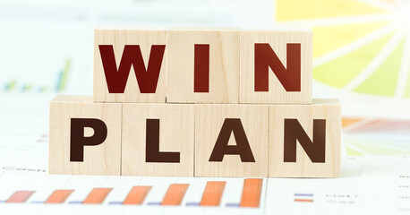 words win plan made with letters on wooden blocks on table
