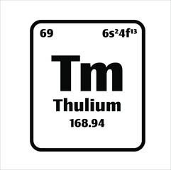 Thulium (Tm) button on black and white background on the periodic table of elements with atomic number or a chemistry science concept or experiment.	
