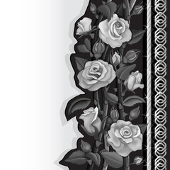 Black card with white and black roses and silver chains