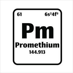 Promethium (Pm) button on black and white background on the periodic table of elements with atomic number or a chemistry science concept or experiment.	