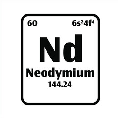 Neodyminium (Nd) button on black and white background on the periodic table of elements with atomic number or a chemistry science concept or experiment.	