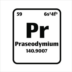 Praseodyminium (Pr) button on black and white background on the periodic table of elements with atomic number or a chemistry science concept or experiment.	