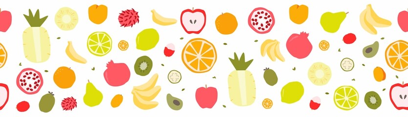 Fruit seamless border with apple, avocado, banana, citrus, citron, exotic, lemon, orange, feijoa, pear, pineapple guava clipart set styled as repeat design for packaging or shop banner.