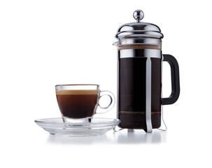 Individual cafetiere, and glass expresso cup and saucer full of smooth expresso coffee, isolated on white