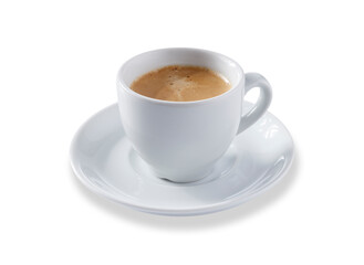 Angled view of a white expresso cup and saucer full of smooth expresso coffee, isolated on white
