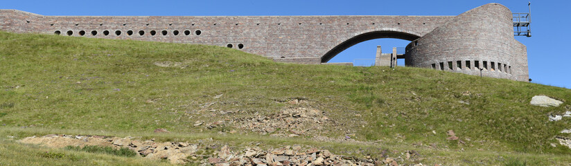 The modern church of architekt Mario Botta on mount Tamaro in the Swiss alps