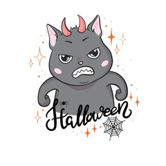 Black cat in a Halloween pumpkin and ghost. Background is separate.