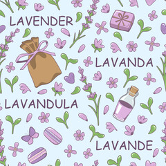 Seamless pattern with lavender flowers, herbs, soap, macaroons, oil and butterfly. Vector illustraion.