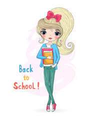 Hand drawn beautiful cute blonde schoolgirl with book. Background with the inscription Back to School. Vector illustration. - 368443196