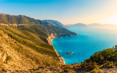 Panoramic view of the coastline of Kefalonia island in Greece.
