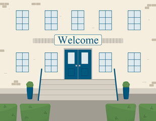 Classic brick facade of the school building or public institution with word welcome. Entrance with a porch with steps to educational institution or any universal home. Vector illustration