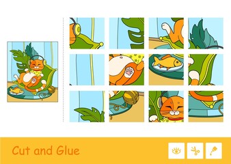 Colorful puzzle game for kids with the illustration of cute red cat in T-shirt, listening to the music in headphones, lying on a cozy pillow next to a plate and a clew. Developmental activity for kids
