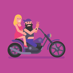 Biker with girl sit on motorcycle and smile. Flat people