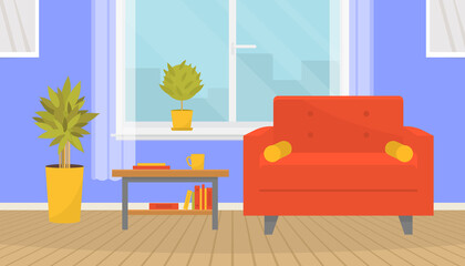 Cozy living room interior with furniture. Stylish armchair, coffee table, house plants, wall pictures. Big window and wooden floor. Home design. Modern apartment. Vector illustration in flat style.