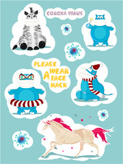 Funny, cute animals in white mask. Cute stickers. Coronavirus stickers pack