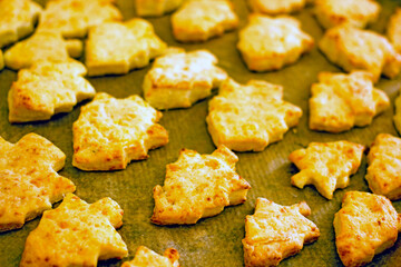 Christmas tree cookies with multicolored dough candies before baking on a sheet of parchment,