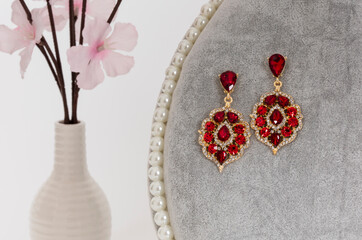 Close up of diamond earrings. space for your text.