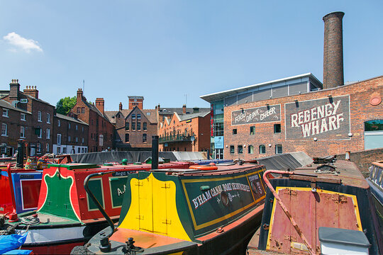 Birmingham, UK: June 29, 2018: Regency Wharf at Gas Street Basin.The restored canal system in Birmingham central is a national heritage landmark and where the Worcester and Birmingham canals meet.