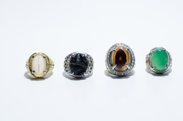 Various Kind of jewel rings on isolated white background