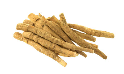 Ashwagandha Dry Root Medicinal Herb, also known as Withania Somnifera, Ashwagandha, Indian Ginseng, Poison Gooseberry, or Winter Cherry. Isolated on White Background.