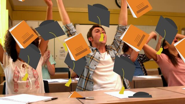 Book And Graduation Caps Falling Against Group Of Students Celebrating In Classroom