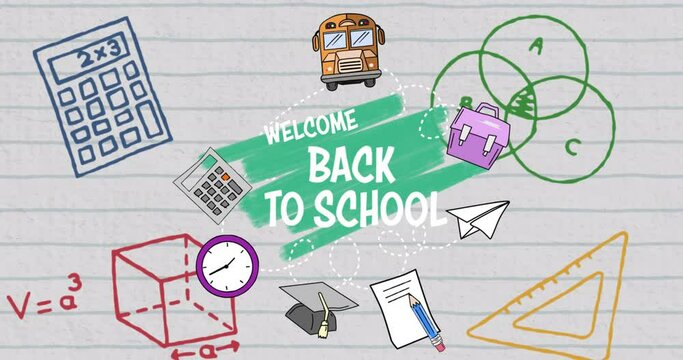 School concept icons and welcome back to school text against white lined paper